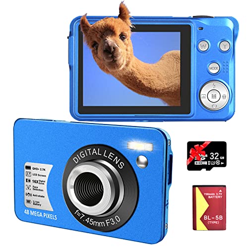 Digital Camera 2.7K Compact Camera 48.0 Mega Pixels Vlogging Camera 2.7 inch TFT HD Screen Compact Portable Mini Cameras for Students, Teens, Kids (with 32GB SD Card and 2 Battery),Blue